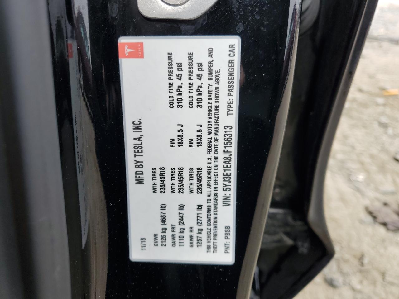 2018 Tesla Model 3 VIN: 5YJ3E1EA8JF156313 Lot: 83985055