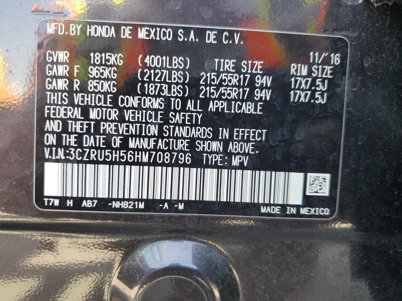 2017 Honda Hr-V Ex VIN: 3CZRU5H56HM708796 Lot: 81913755