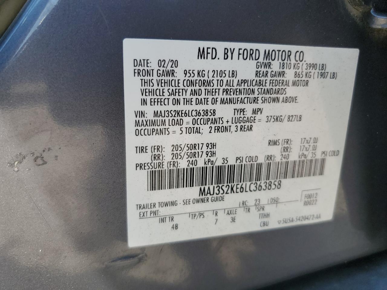 2020 Ford Ecosport Titanium VIN: MAJ3S2KE6LC363858 Lot: 70256665