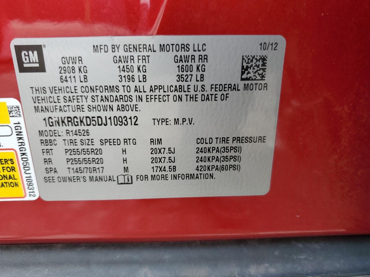 2013 Chevrolet Traverse Lt VIN: 1GNKRGKD5DJ109312 Lot: 81447695