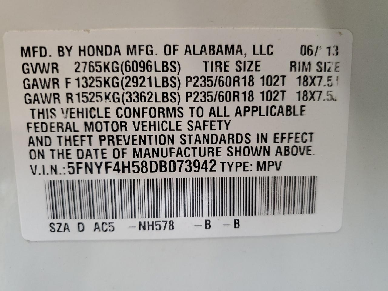 2013 Honda Pilot Exl VIN: 5FNYF4H58DB073942 Lot: 82039945