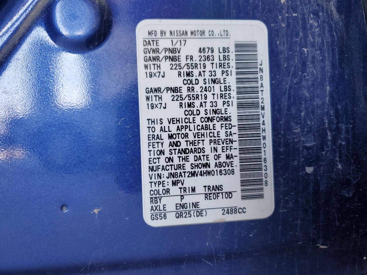 2017 Nissan Rogue S VIN: JN8AT2MV4HW016308 Lot: 83971045