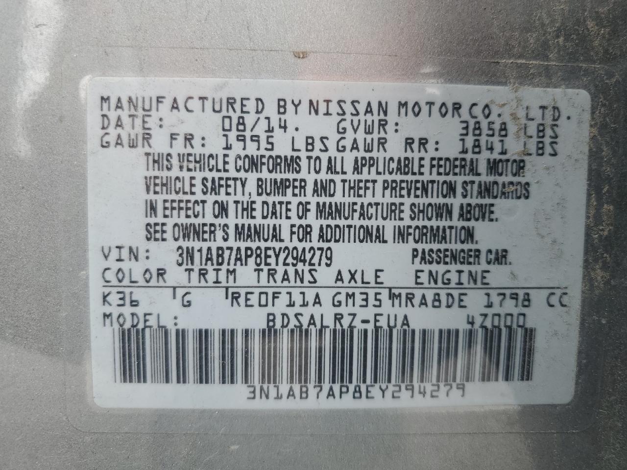 2014 Nissan Sentra S VIN: 3N1AB7AP8EY294279 Lot: 81597965