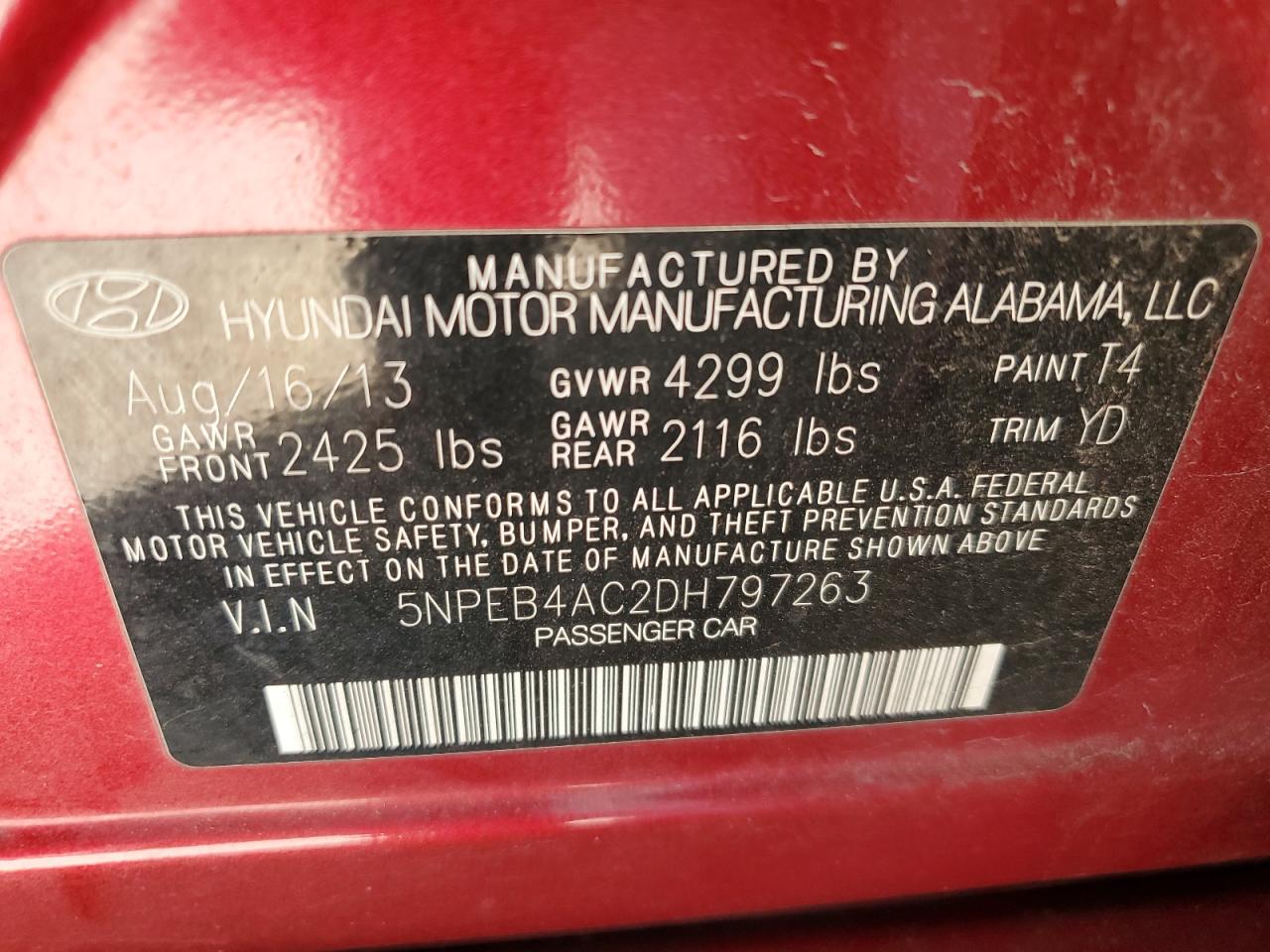 2013 Hyundai Sonata Gls VIN: 5NPEB4AC2DH797263 Lot: 80024295