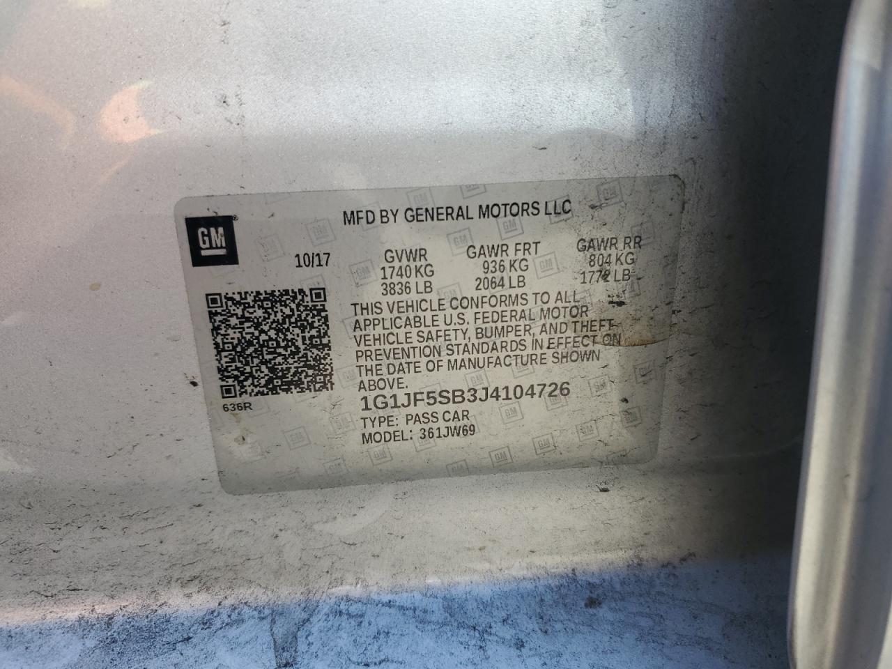 2018 Chevrolet Sonic Premier VIN: 1G1JF5SB3J4104726 Lot: 71784695