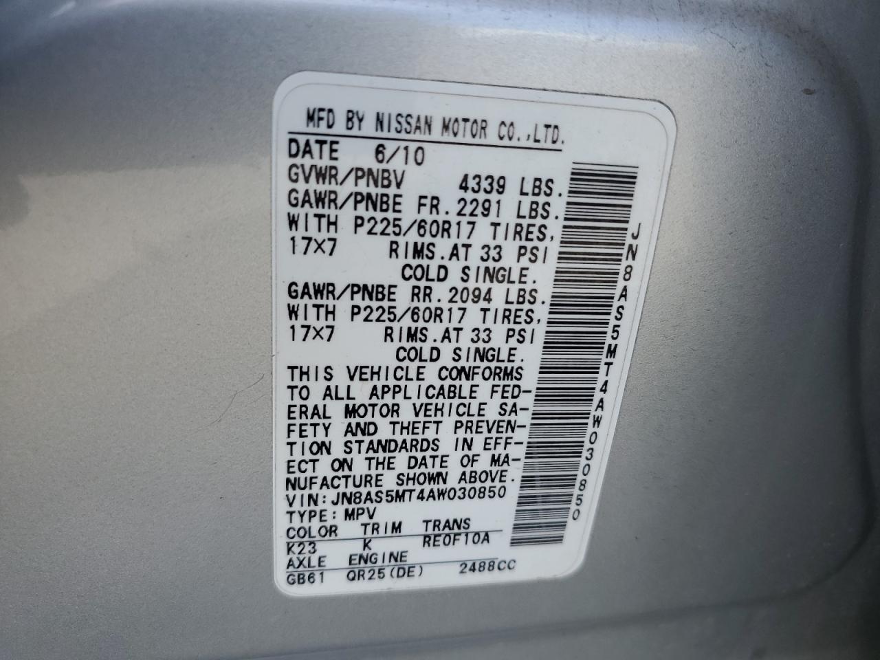 2010 Nissan Rogue S VIN: JN8AS5MT4AW030850 Lot: 84262775