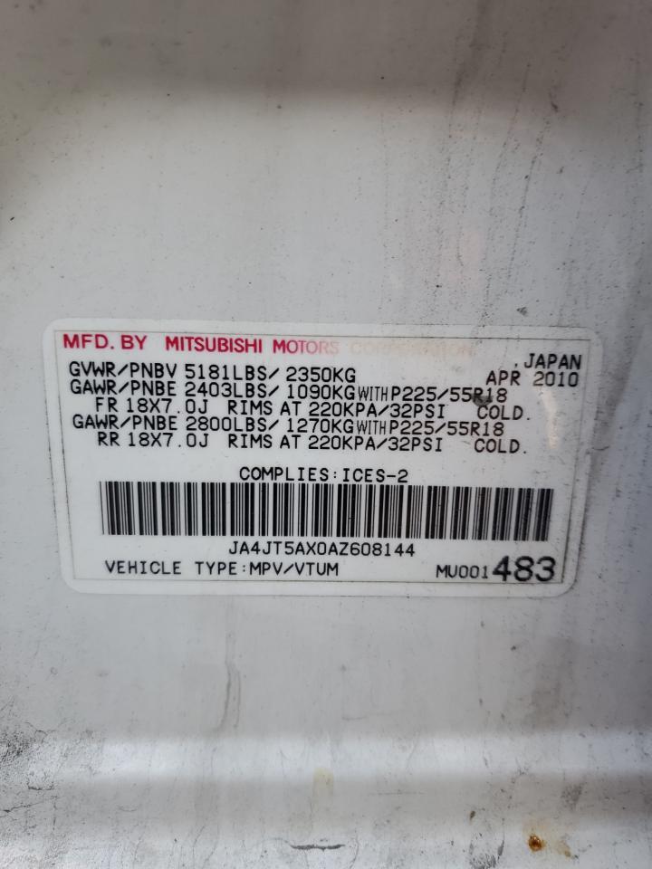 2010 Mitsubishi Outlander Gt VIN: JA4JT5AX0AZ608144 Lot: 83847855