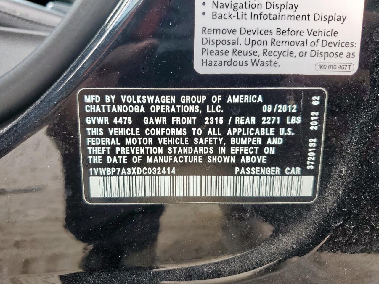 2013 Volkswagen Passat Se VIN: 1VWBP7A3XDC032414 Lot: 81061975