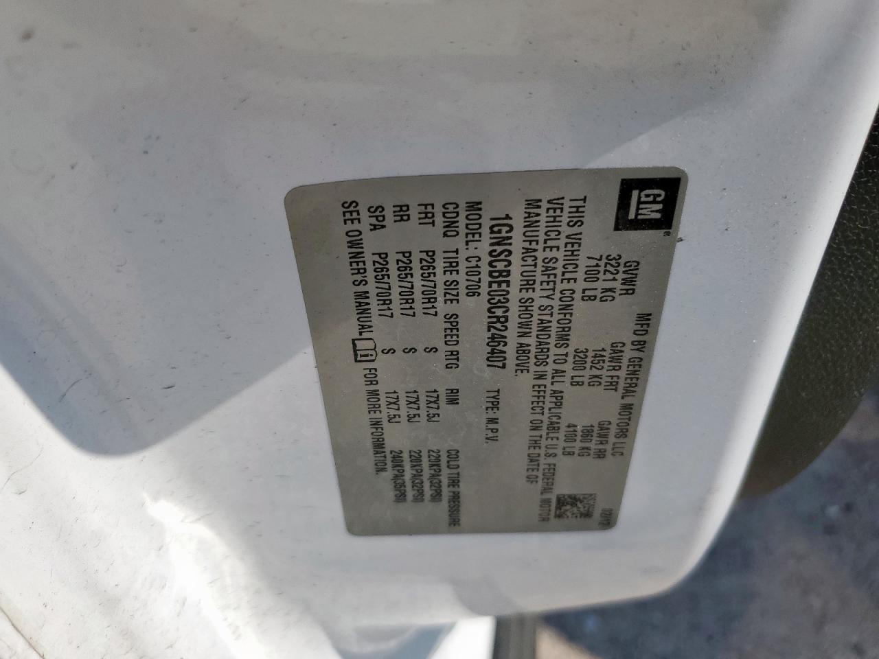 2012 Chevrolet Tahoe C1500 Lt VIN: 1GNSCBE03CR246407 Lot: 71224845