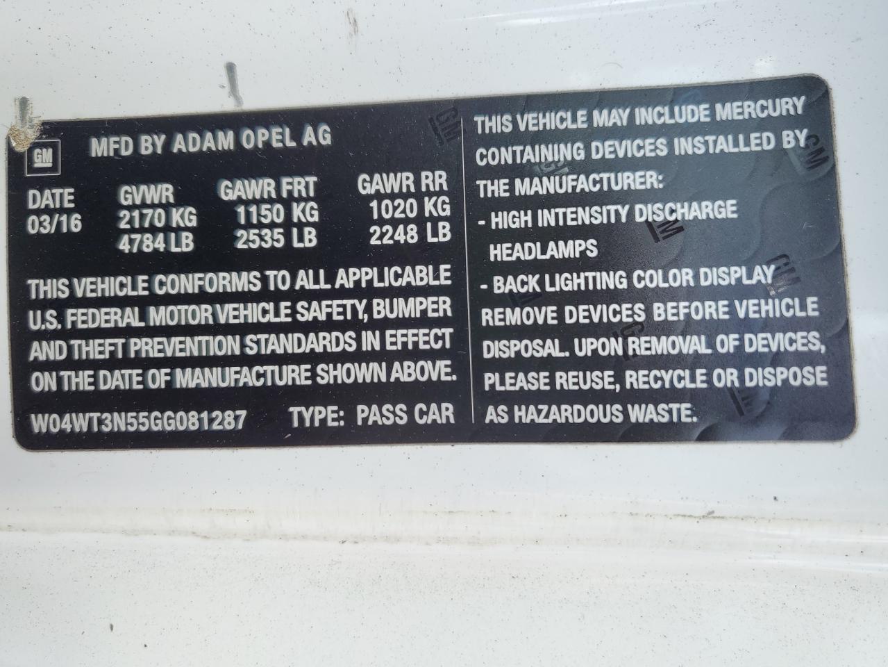 2016 Buick Cascada Premium VIN: W04WT3N55GG081287 Lot: 71062165