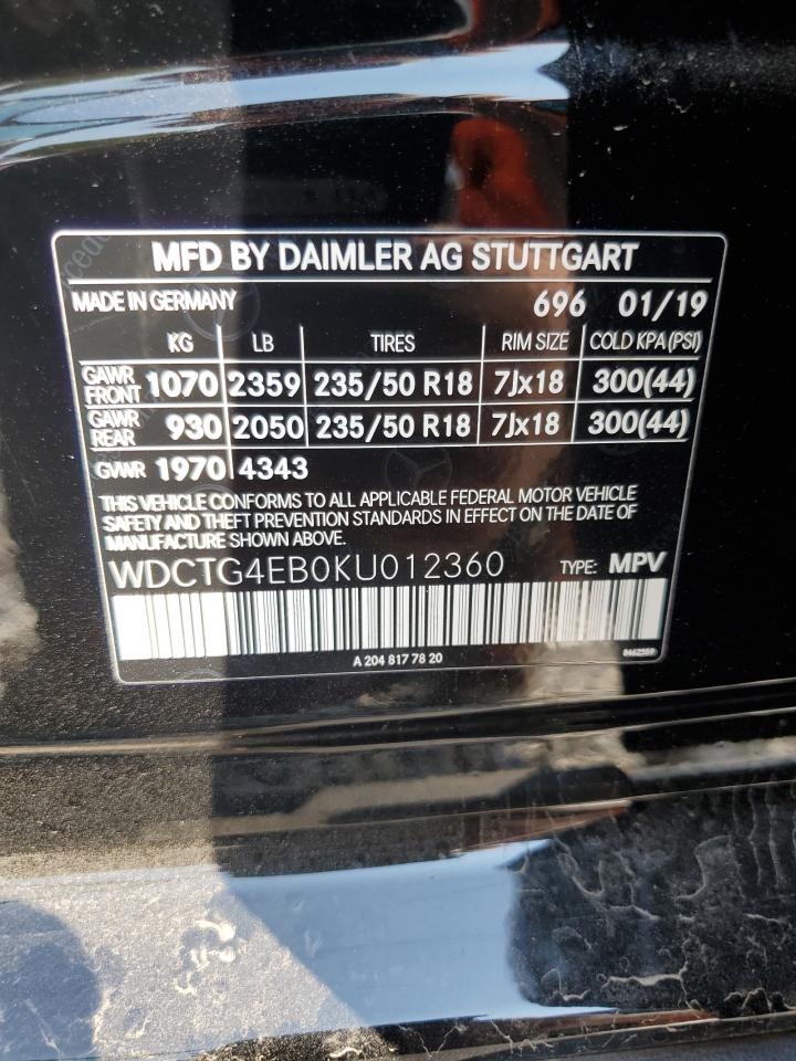 2019 Mercedes-Benz Gla 250 VIN: WDCTG4EB0KU012360 Lot: 69732295