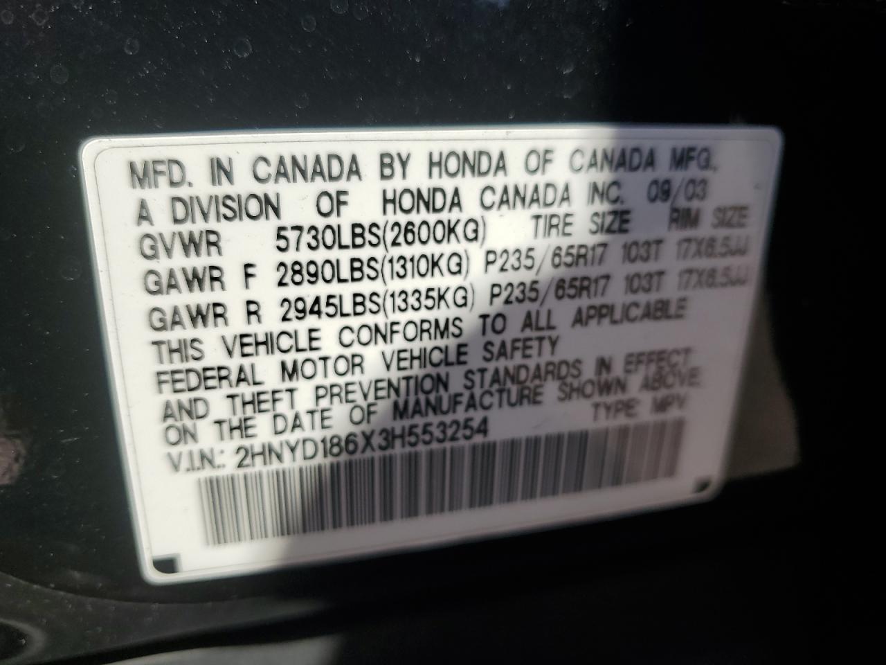 2003 Acura Mdx Touring VIN: 2HNYD186X3H553254 Lot: 80613855