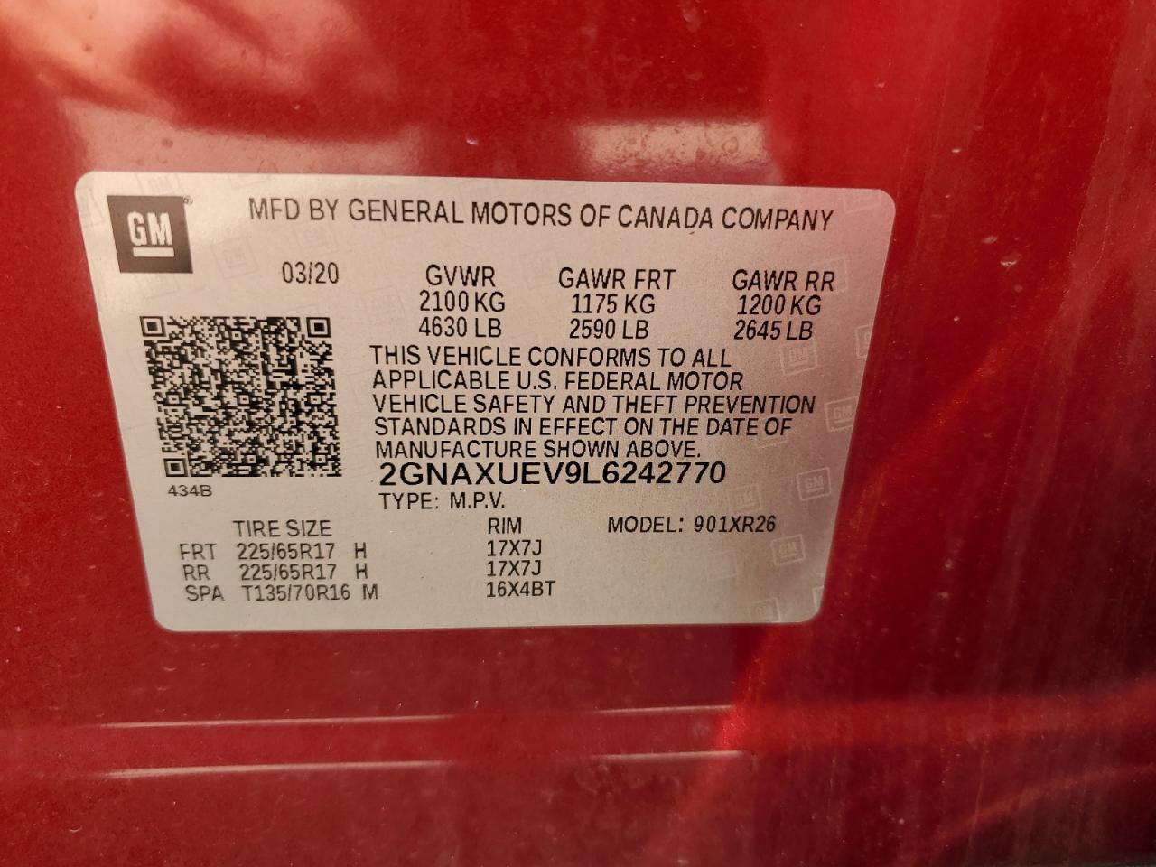 2020 Chevrolet Equinox Lt VIN: 2GNAXUEV9L6242770 Lot: 80797845