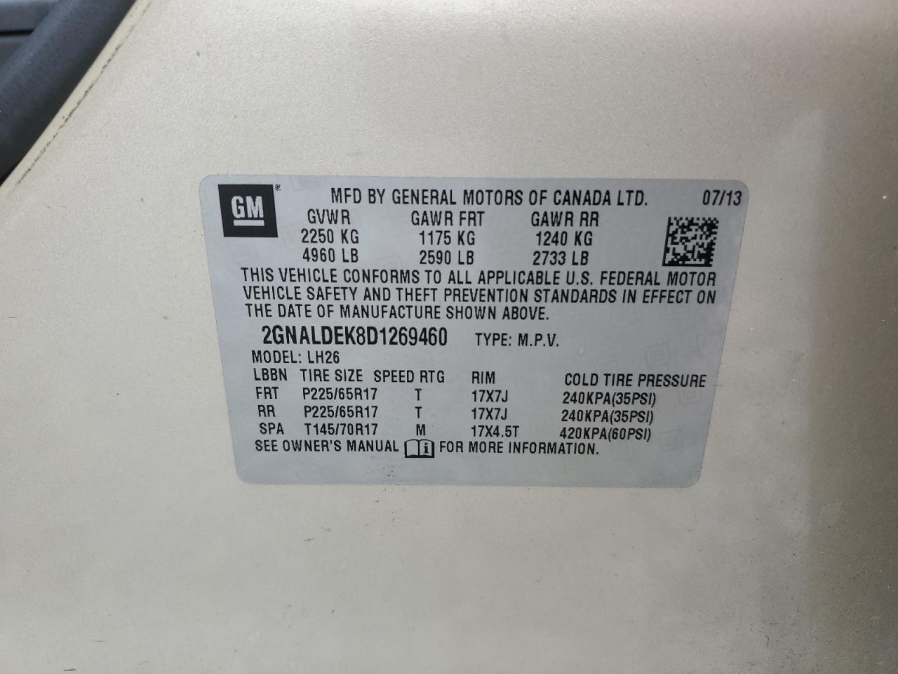 2013 Chevrolet Equinox Lt VIN: 2GNALDEK8D1269460 Lot: 80657065