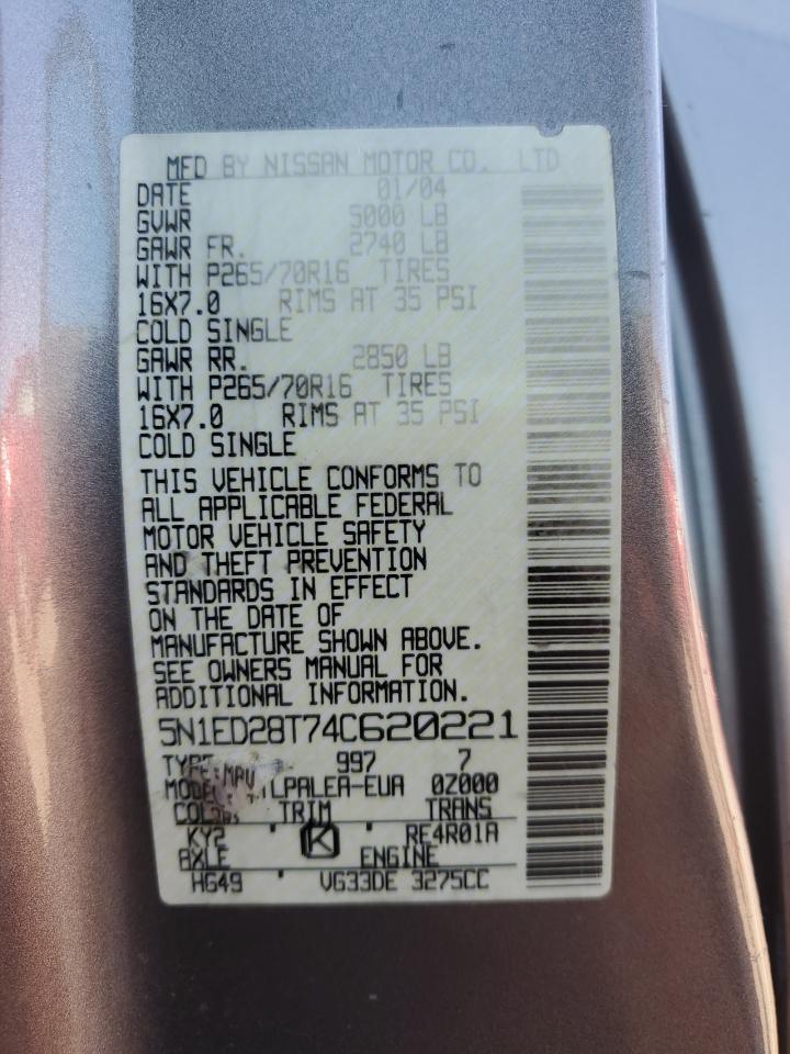 2004 Nissan Xterra Xe VIN: 5N1ED28T74C620221 Lot: 71959515