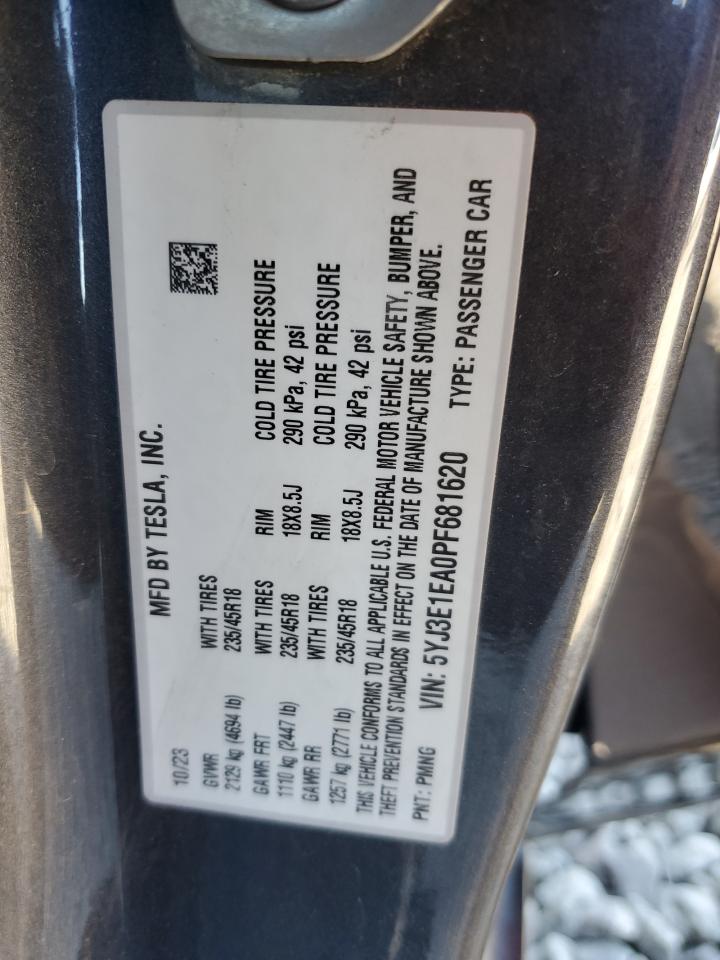 2023 Tesla Model 3 VIN: 5YJ3E1EA0PF681620 Lot: 81443645