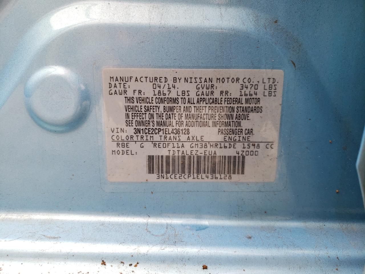 2014 Nissan Versa Note S VIN: 3N1CE2CP1EL436128 Lot: 80691665