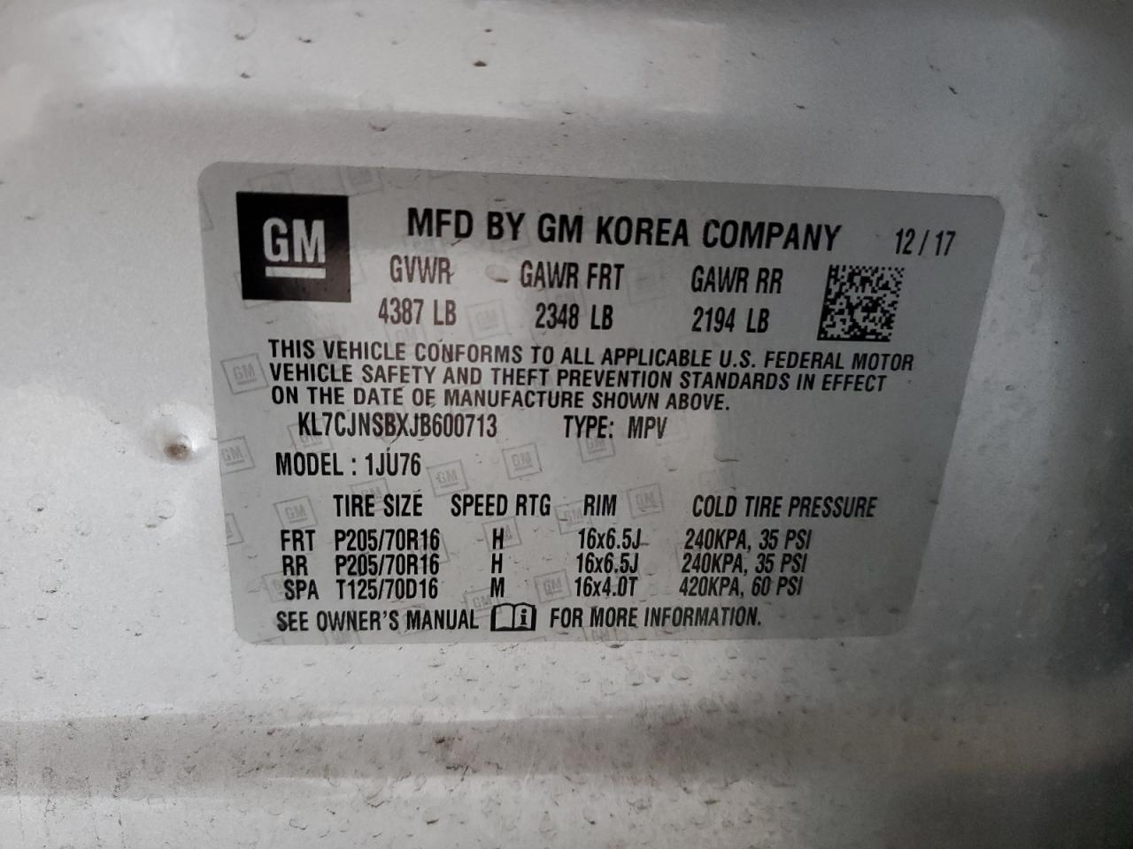 2018 Chevrolet Trax Ls VIN: KL7CJNSBXJB600713 Lot: 84022235