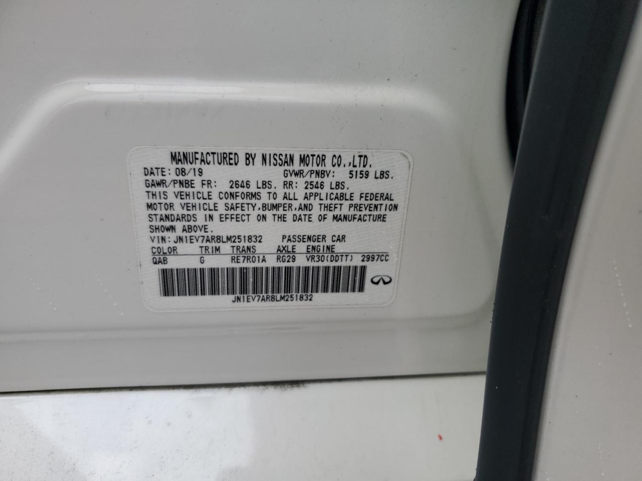 2020 Infiniti Q50 Pure VIN: JN1EV7AR8LM251832 Lot: 81408645