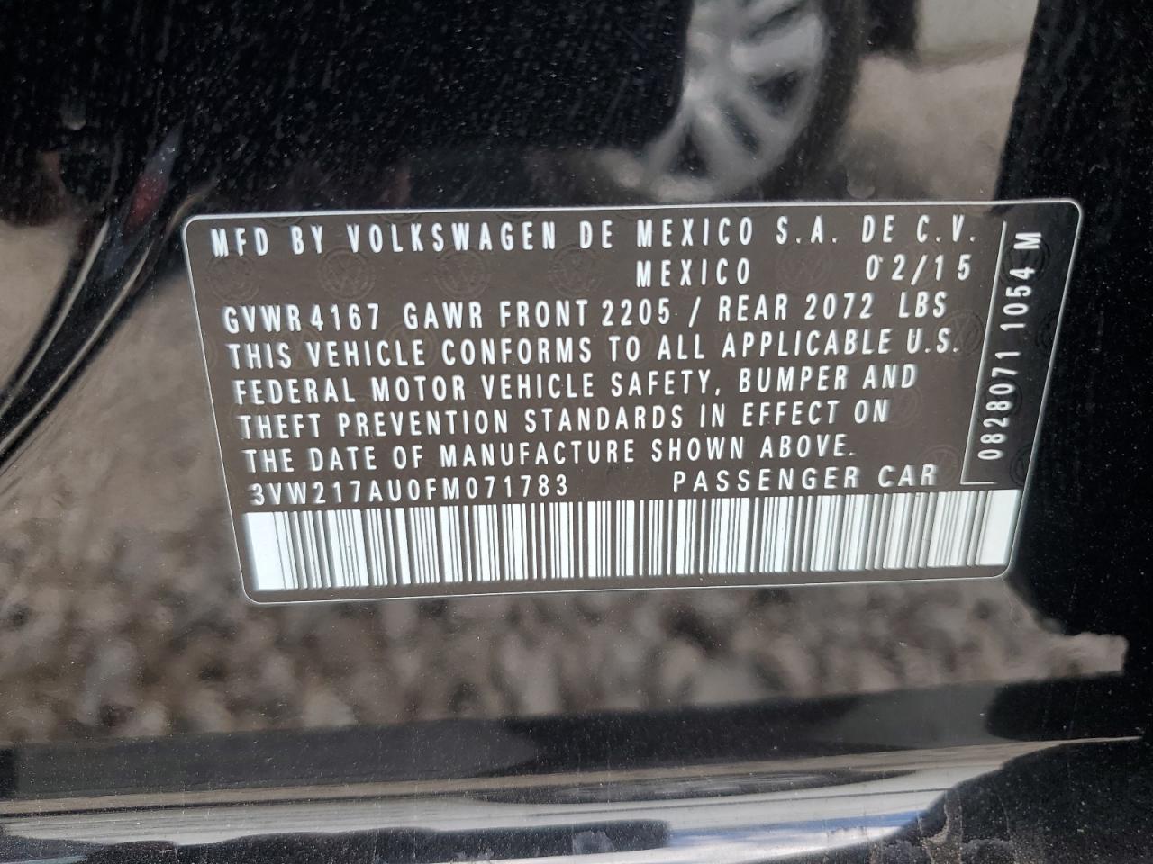 2015 Volkswagen Golf VIN: 3VW217AU0FM071783 Lot: 72085175