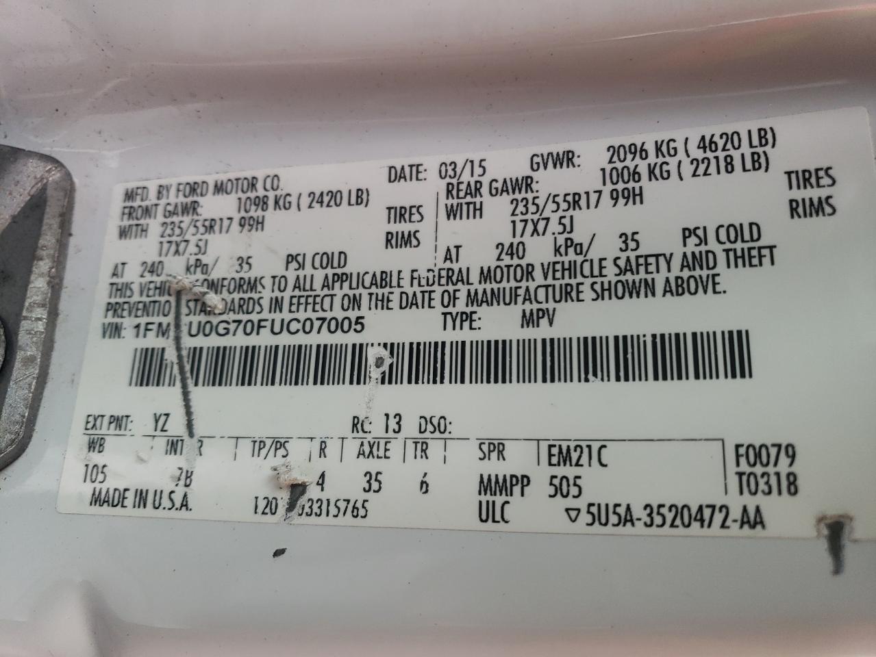 2015 Ford Escape Se VIN: 1FMCU0G70FUC07005 Lot: 80384965