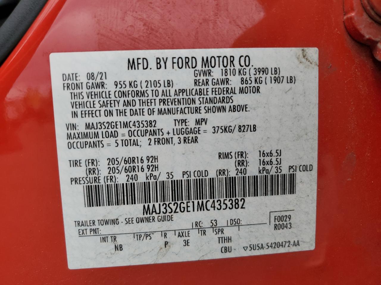 2021 Ford Ecosport Se VIN: MAJ3S2GE1MC435382 Lot: 81037065