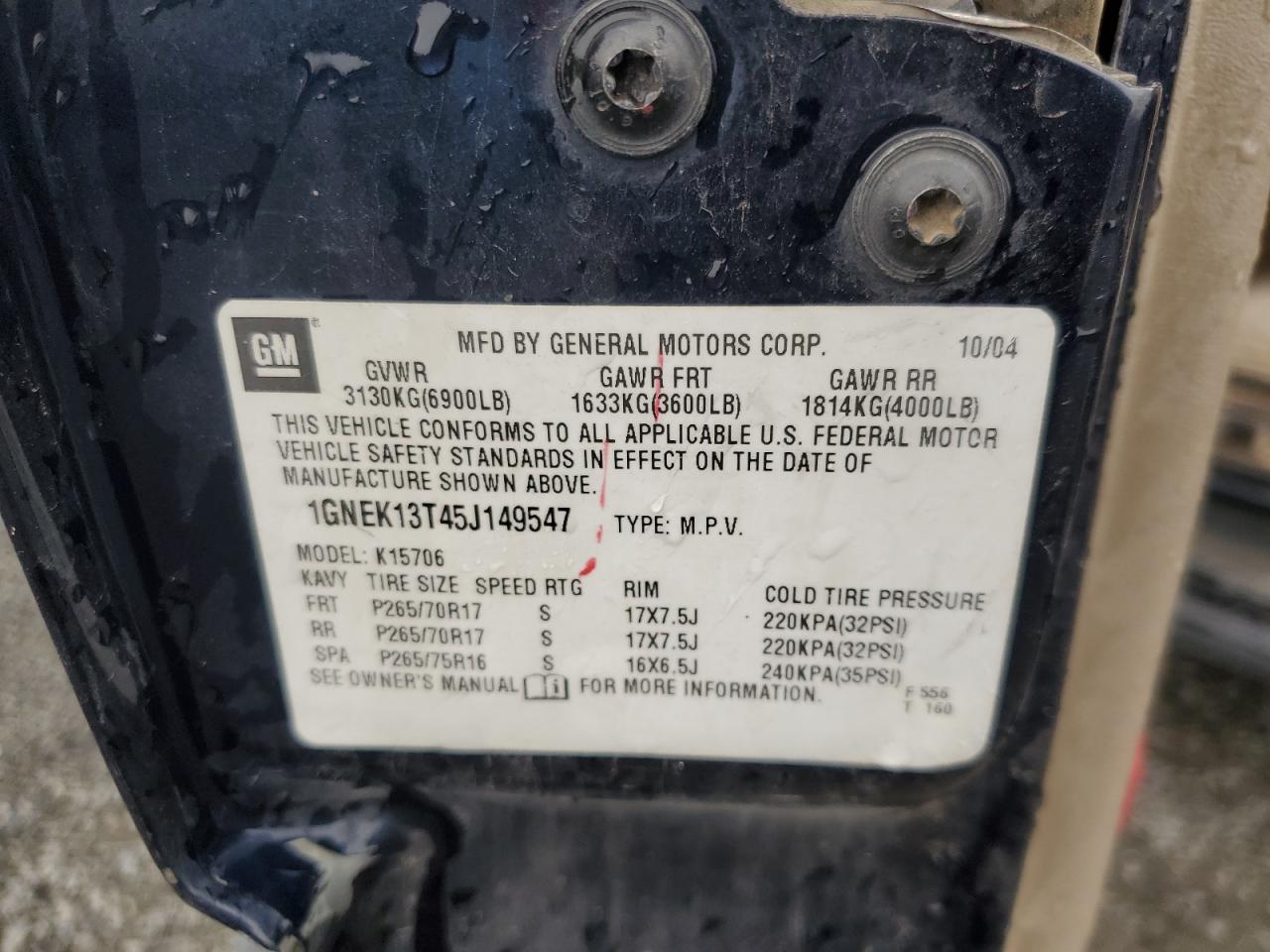 2005 Chevrolet Tahoe K1500 VIN: 1GNEK13T45J149547 Lot: 84567895