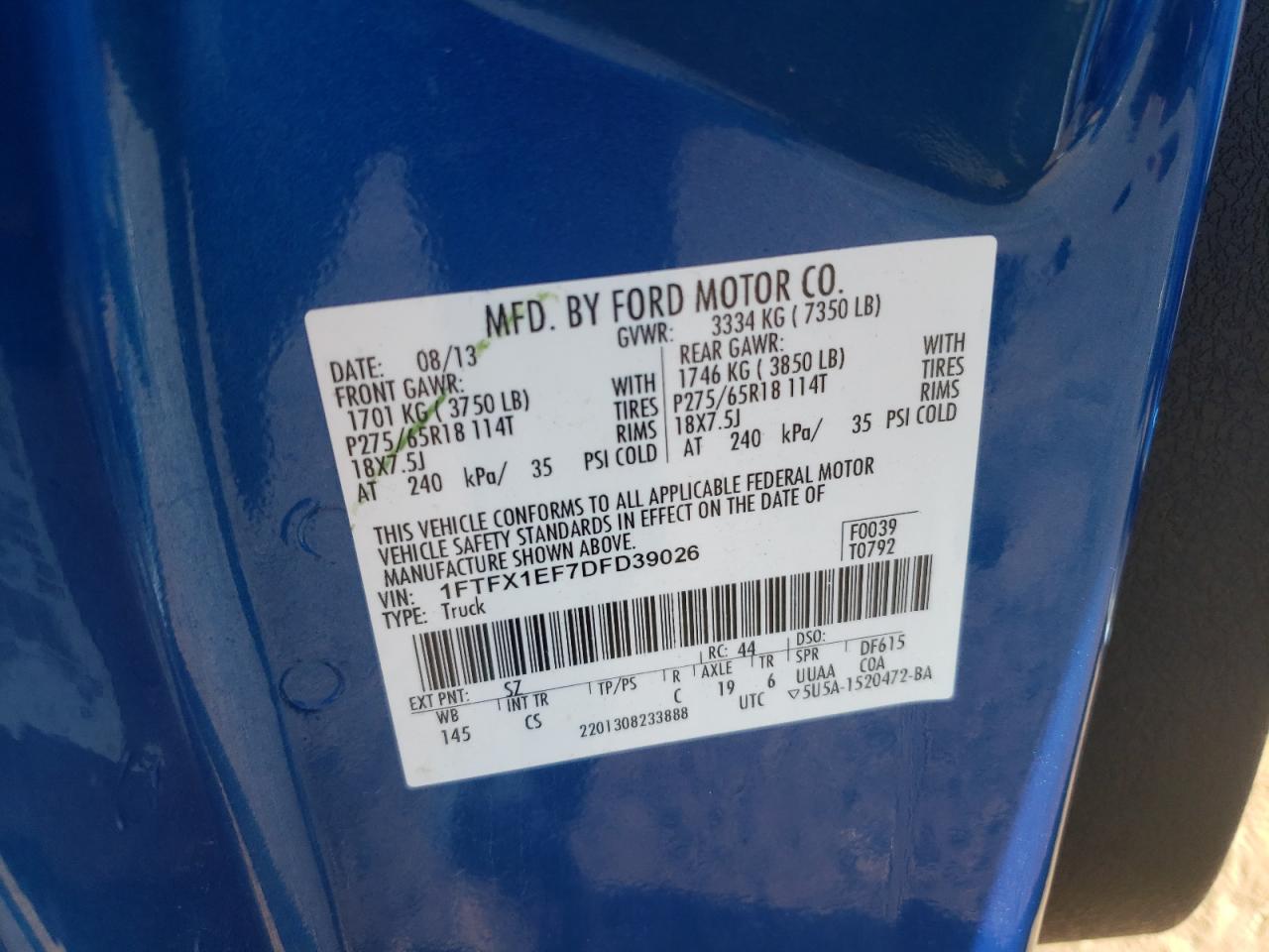 2013 Ford F150 Super Cab VIN: 1FTFX1EF7DFD39026 Lot: 71249855