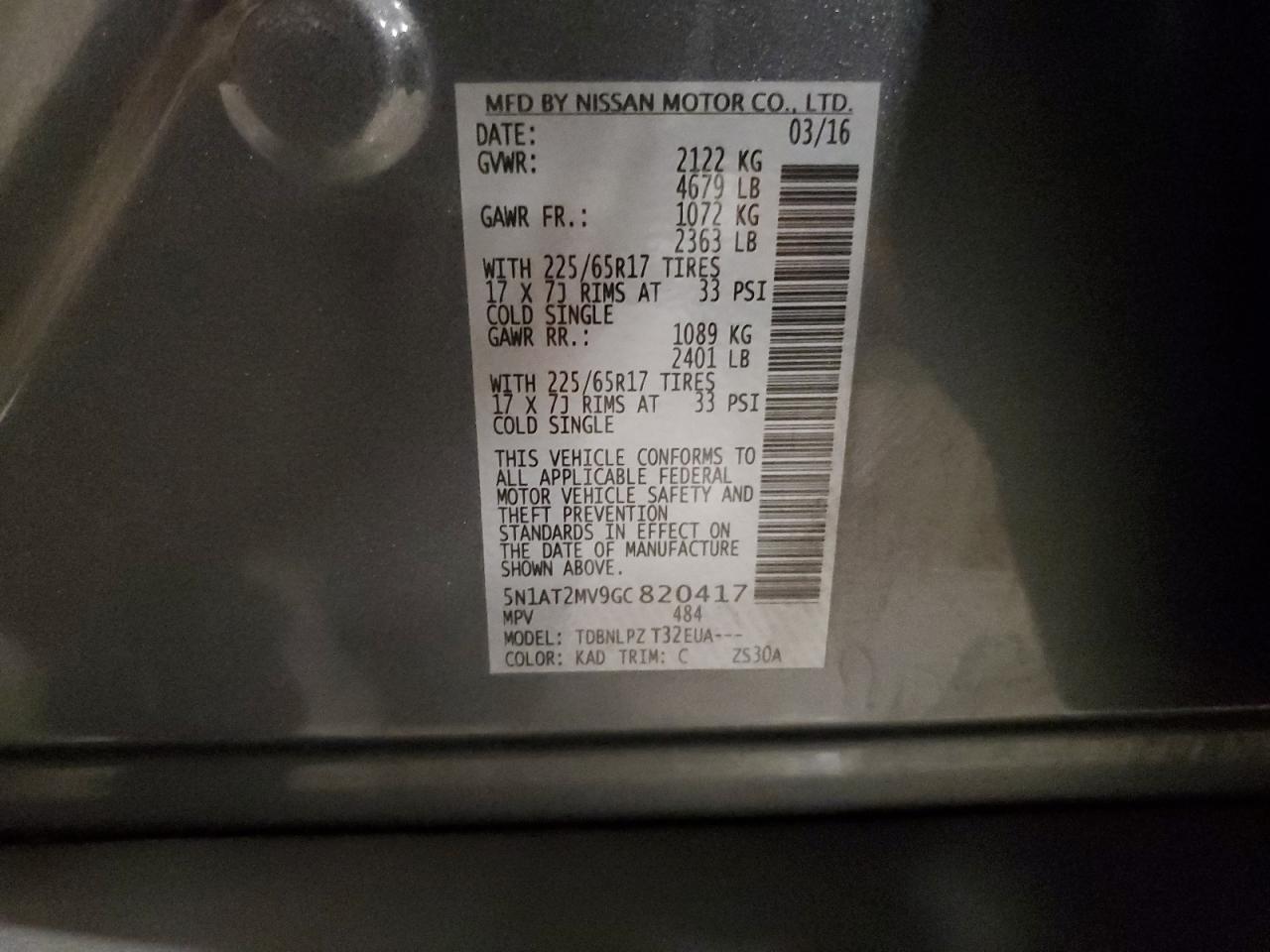 2016 Nissan Rogue S VIN: 5N1AT2MV9GC820417 Lot: 81968775