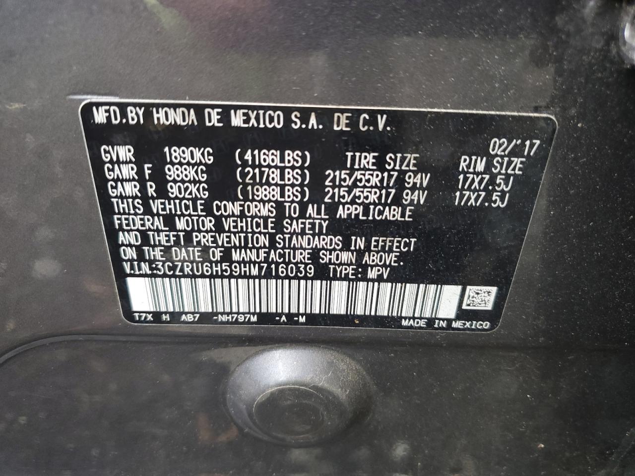 2017 Honda Hr-V Ex VIN: 3CZRU6H59HM716039 Lot: 84361295