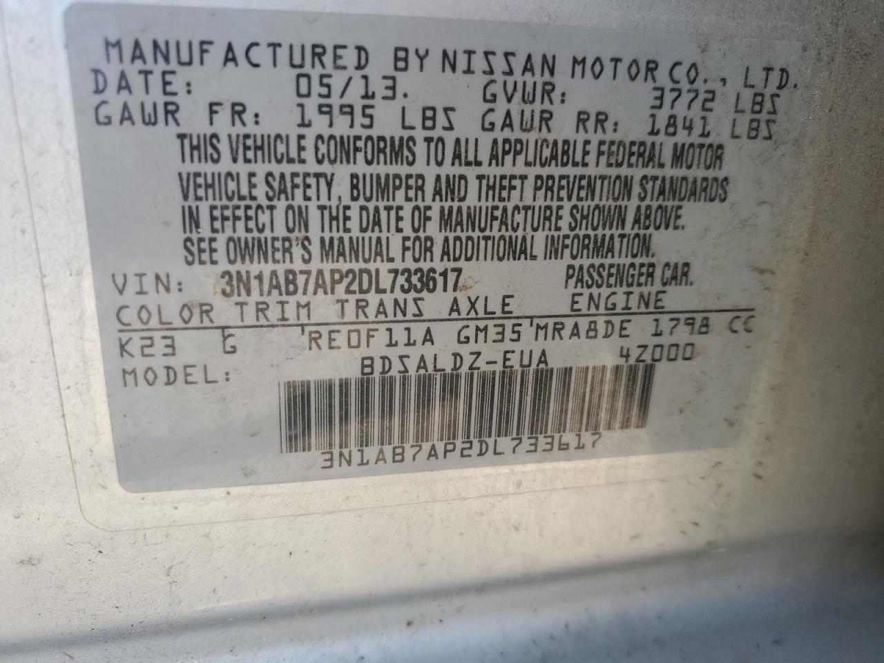 2013 Nissan Sentra S VIN: 3N1AB7AP2DL733617 Lot: 80336285