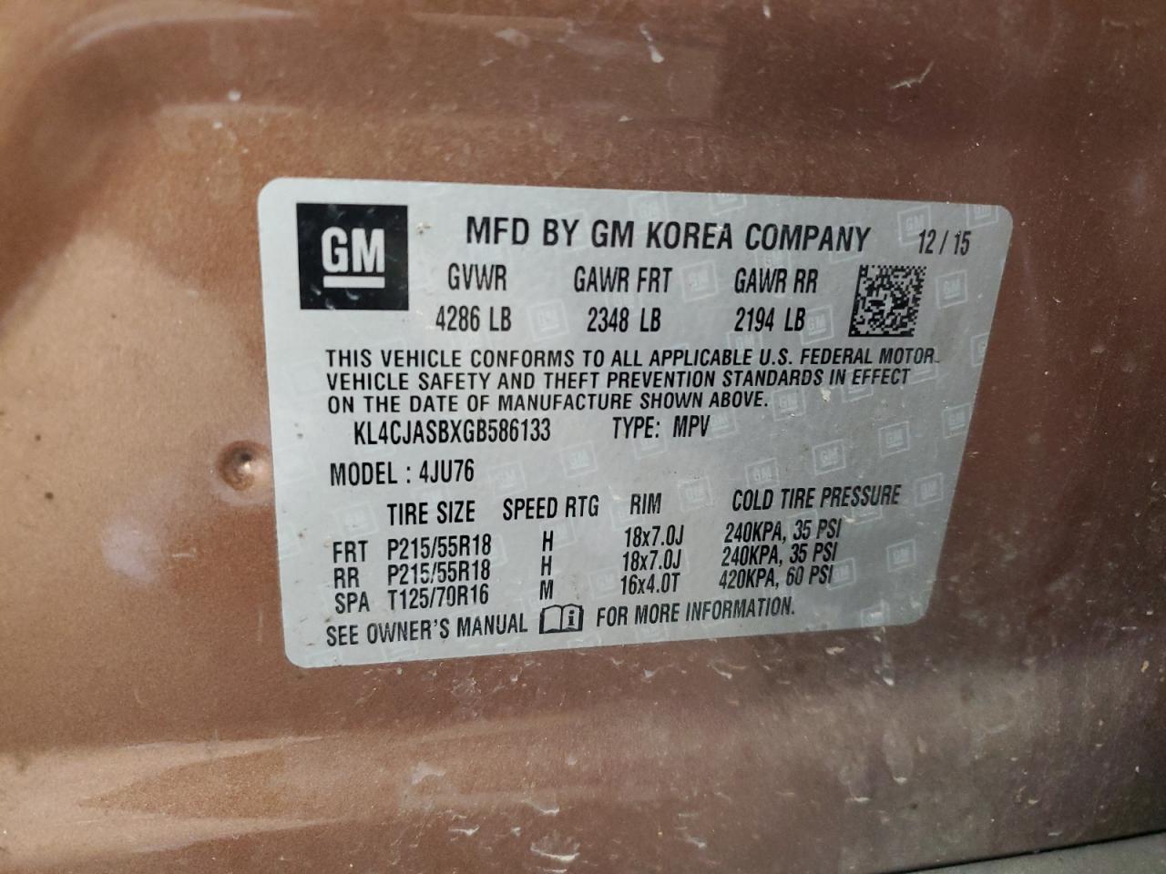 2016 Buick Encore VIN: KL4CJASBXGB586133 Lot: 84423015