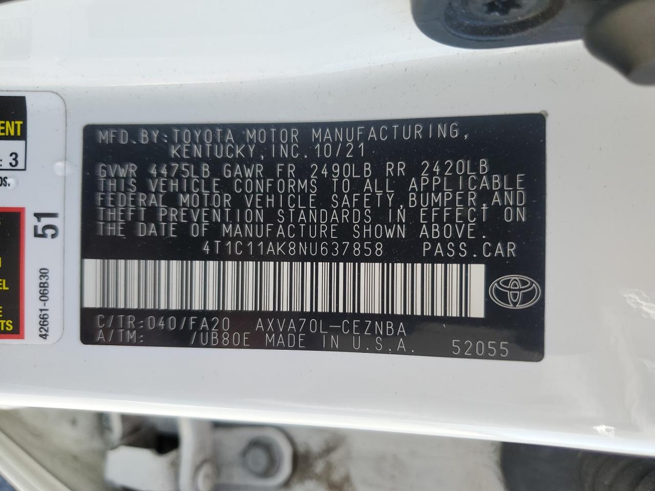 2022 Toyota Camry Le VIN: 4T1C11AK8NU637858 Lot: 84245085