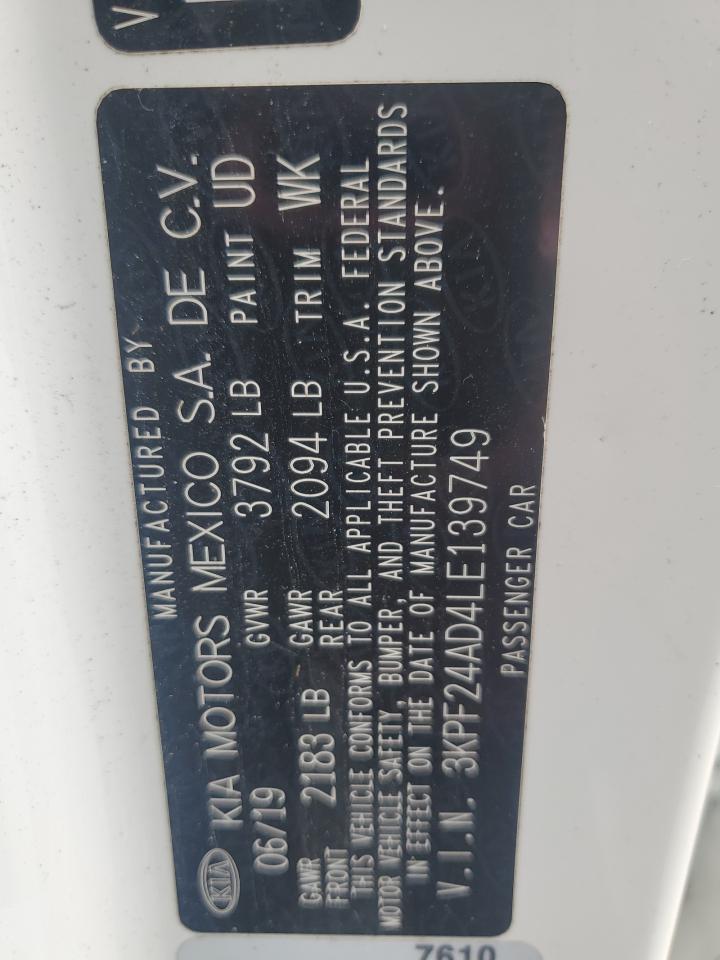 2020 Kia Forte Fe VIN: 3KPF24AD4LE139749 Lot: 71863235