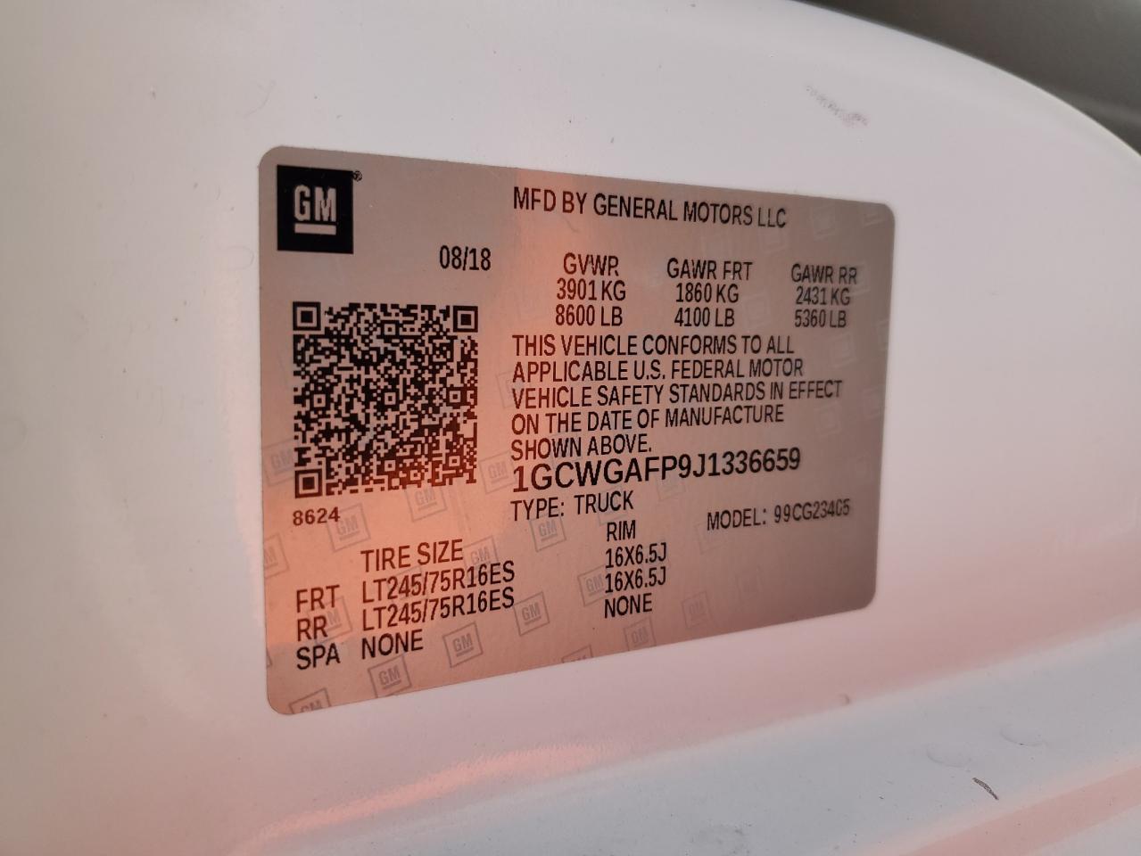 2018 Chevrolet Express G2500 VIN: 1GCWGAFP9J1336659 Lot: 72010685