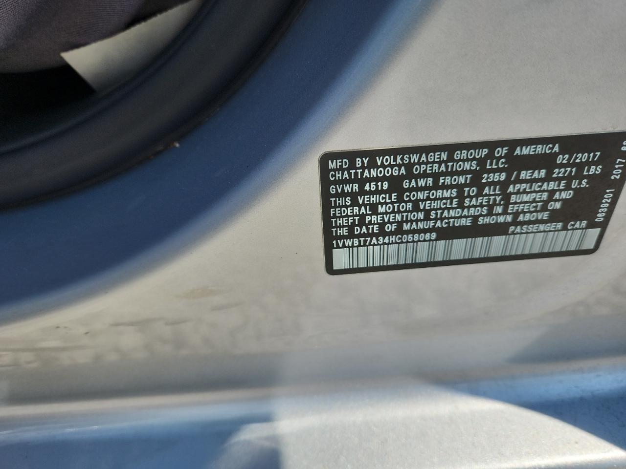 2017 Volkswagen Passat Se VIN: 1VWBT7A34HC058069 Lot: 80637625