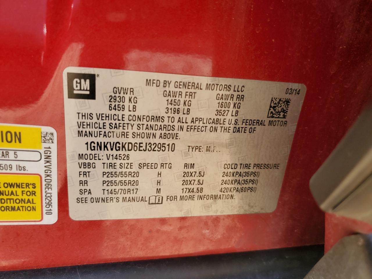 2014 Chevrolet Traverse Lt VIN: 1GNKVGKD6EJ329510 Lot: 81491345