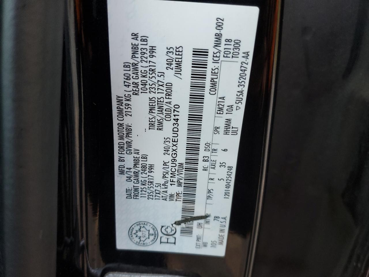 2014 Ford Escape Se VIN: 1FMCU9GXXEUD34170 Lot: 84456085