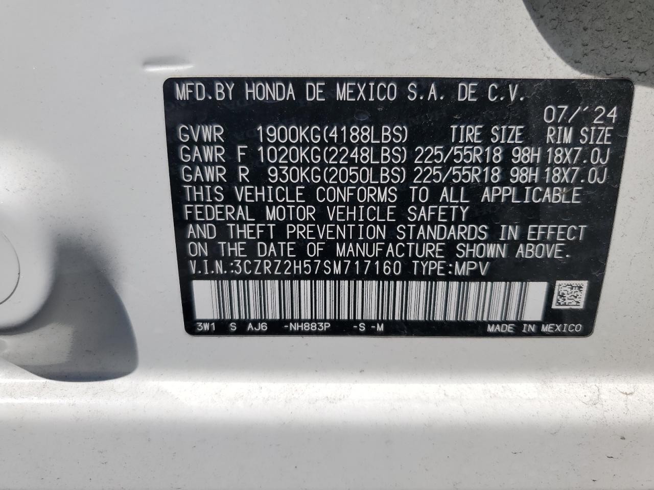 2025 Honda Hr-V Sport VIN: 3CZRZ2H57SM717160 Lot: 80455805