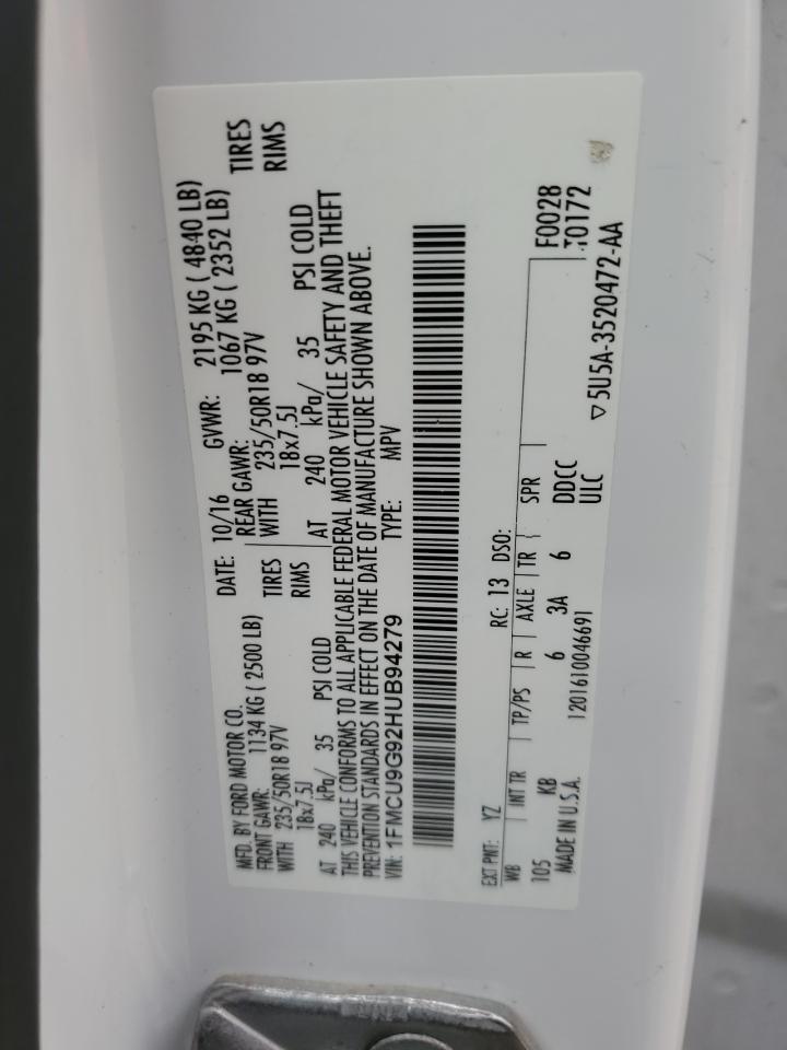 2017 Ford Escape Se VIN: 1FMCU9G92HUB94279 Lot: 84385845