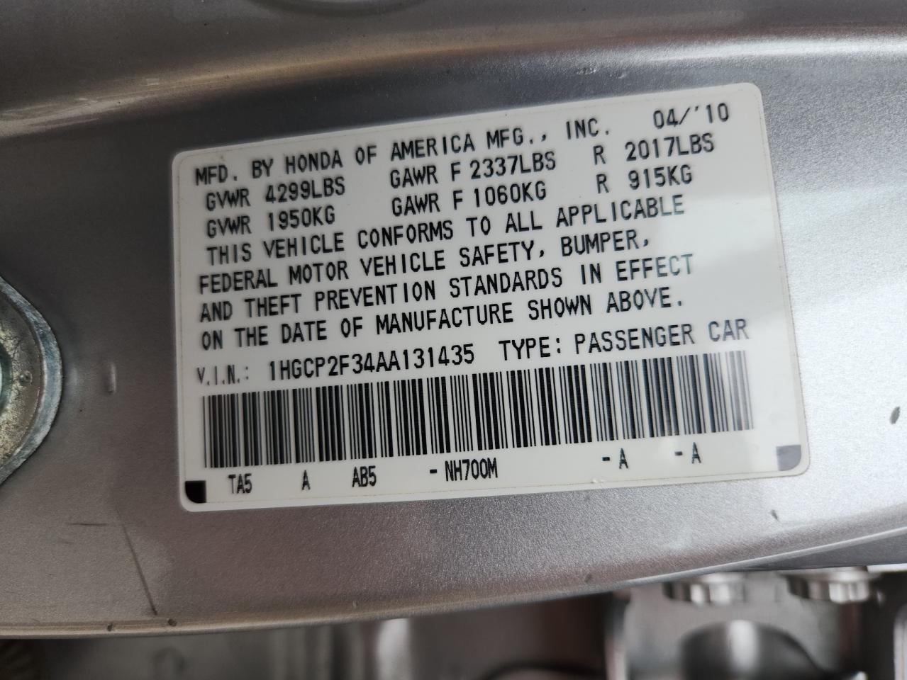 2010 Honda Accord Lx VIN: 1HGCP2F34AA131435 Lot: 71859065