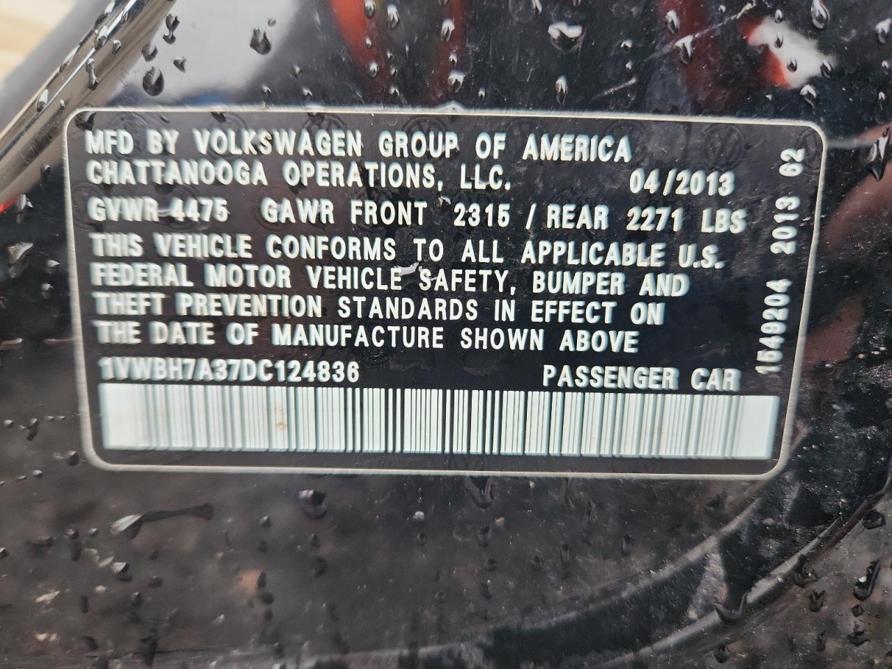 2013 Volkswagen Passat Se VIN: 1VWBH7A37DC124836 Lot: 71257565