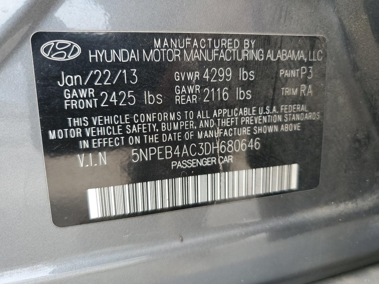 2013 Hyundai Sonata Gls VIN: 5NPEB4AC3DH680646 Lot: 72025585