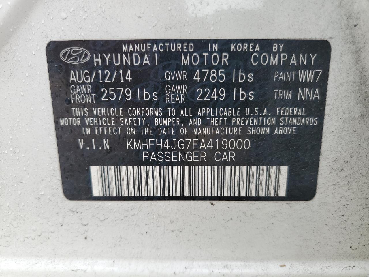 2014 Hyundai Azera Gls VIN: KMHFH4JG7EA419000 Lot: 84742865