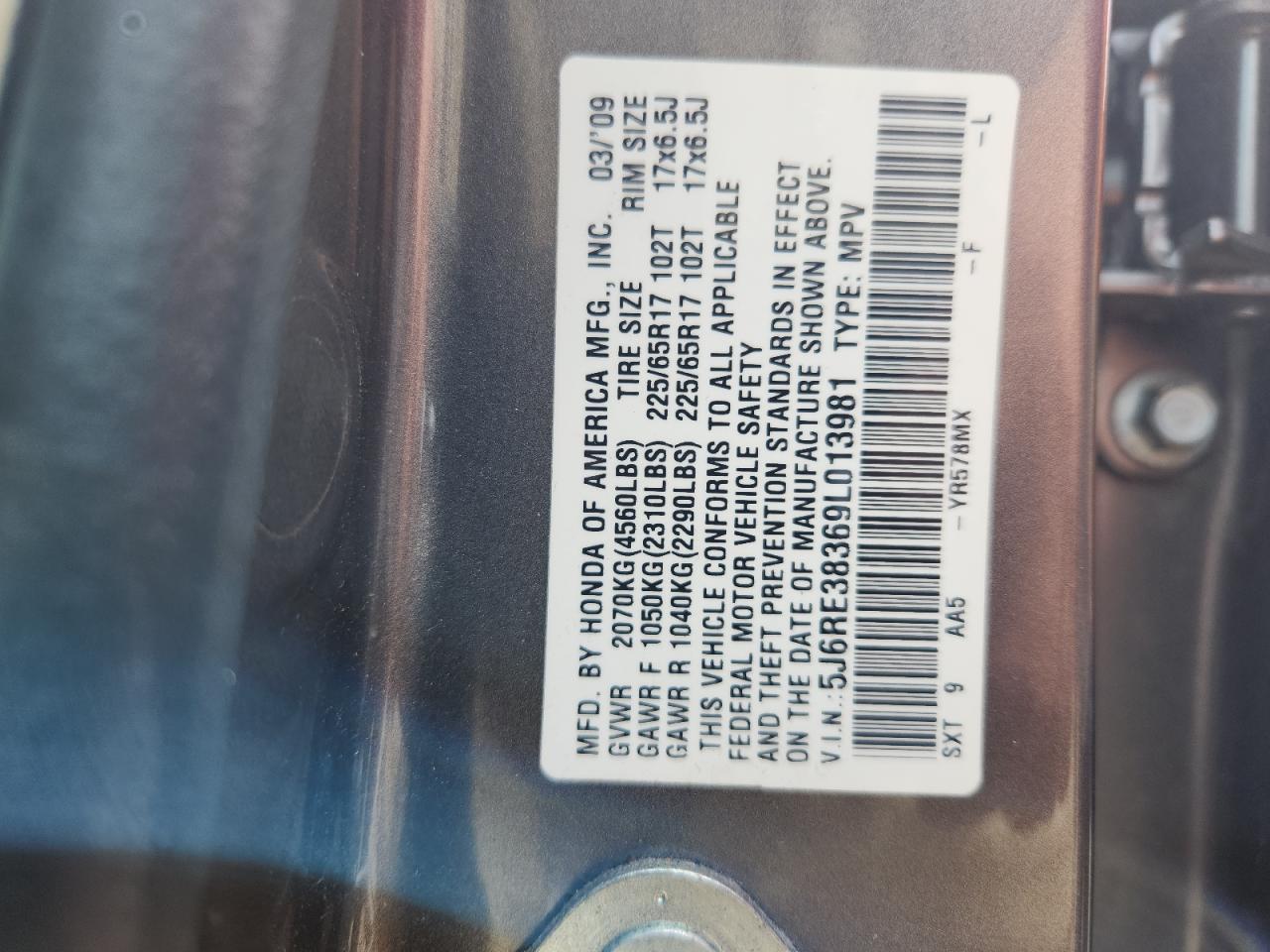 2009 Honda Cr-V Lx VIN: 5J6RE38369L013981 Lot: 71099365