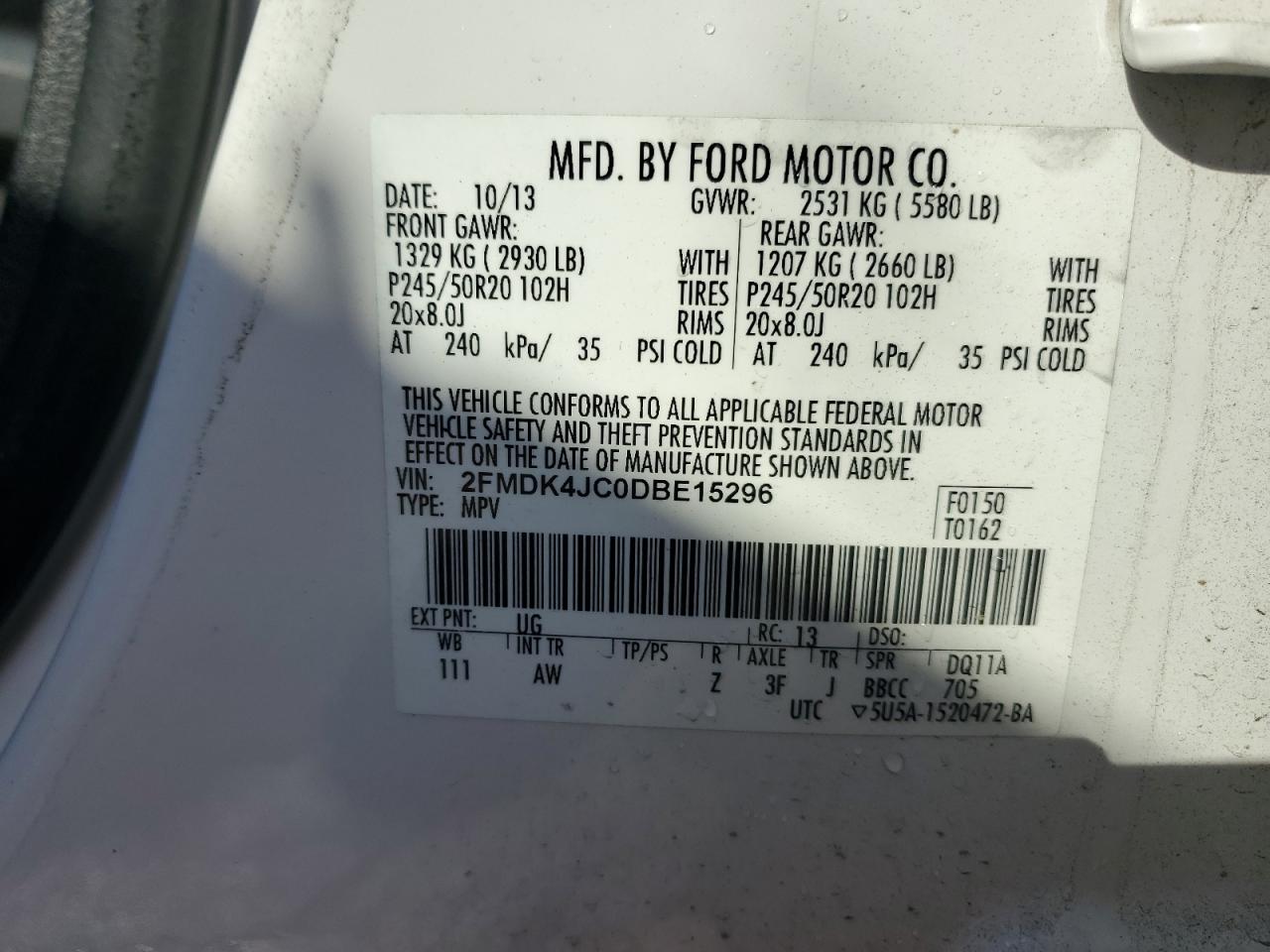 2013 Ford Edge Sel VIN: 2FMDK4JC0DBE15296 Lot: 71601085