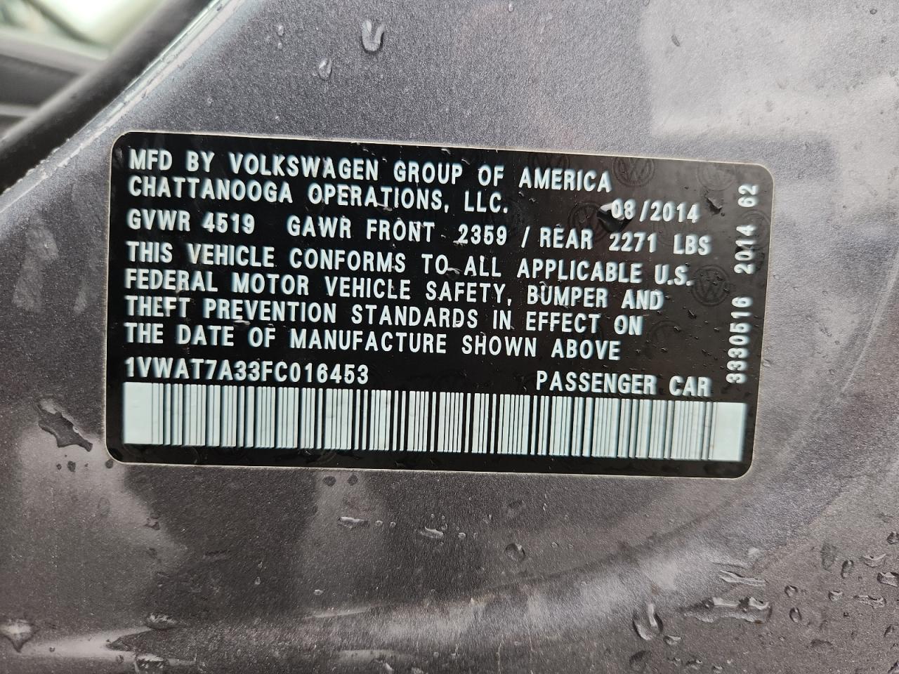 2015 Volkswagen Passat S VIN: 1VWAT7A33FC016453 Lot: 81590285