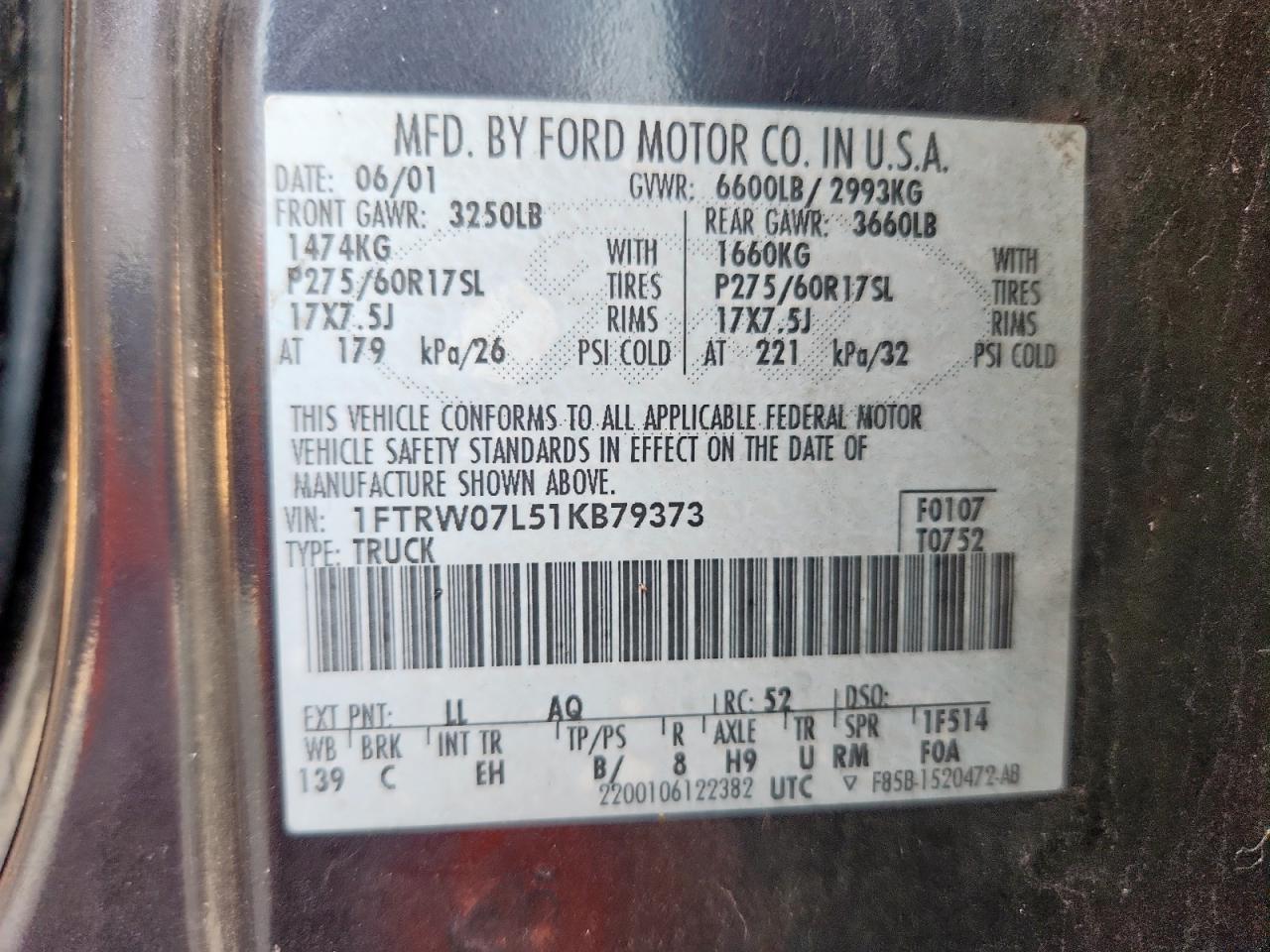 2001 Ford F150 Supercrew VIN: 1FTRW07L51KB79373 Lot: 81489295