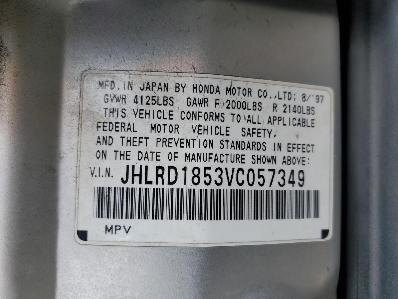1997 Honda Cr-V Lx VIN: JHLRD1853VC057349 Lot: 81844275