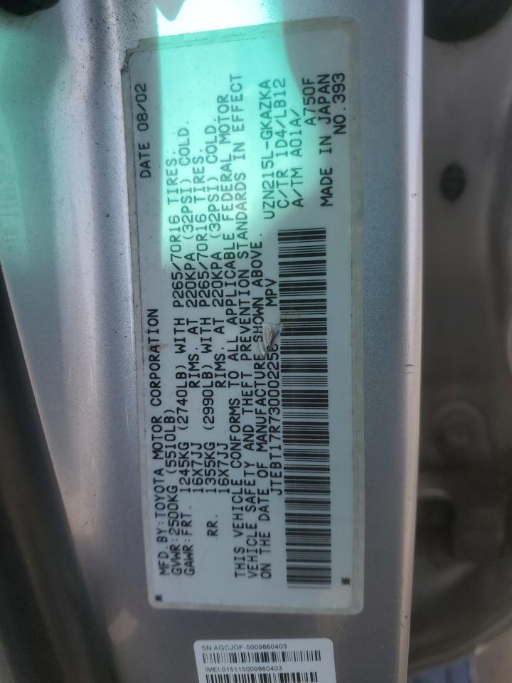 2003 Toyota 4Runner Limited VIN: JTEBT17R730002256 Lot: 81495615